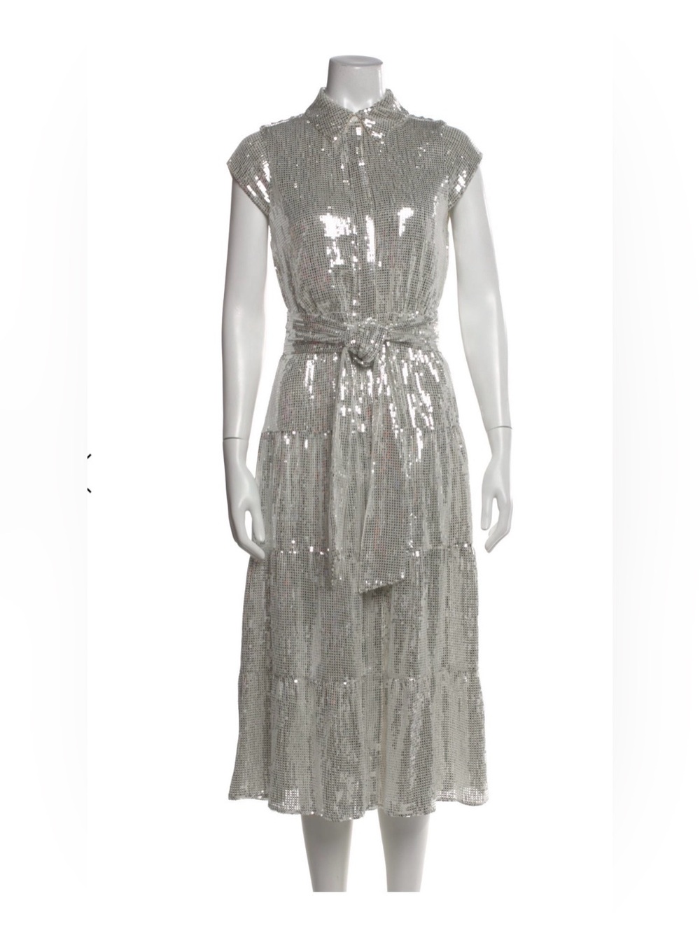 Alice + Olivia MIRANDA Silver Sequin Midi Dress with Tie Waist Sz 2